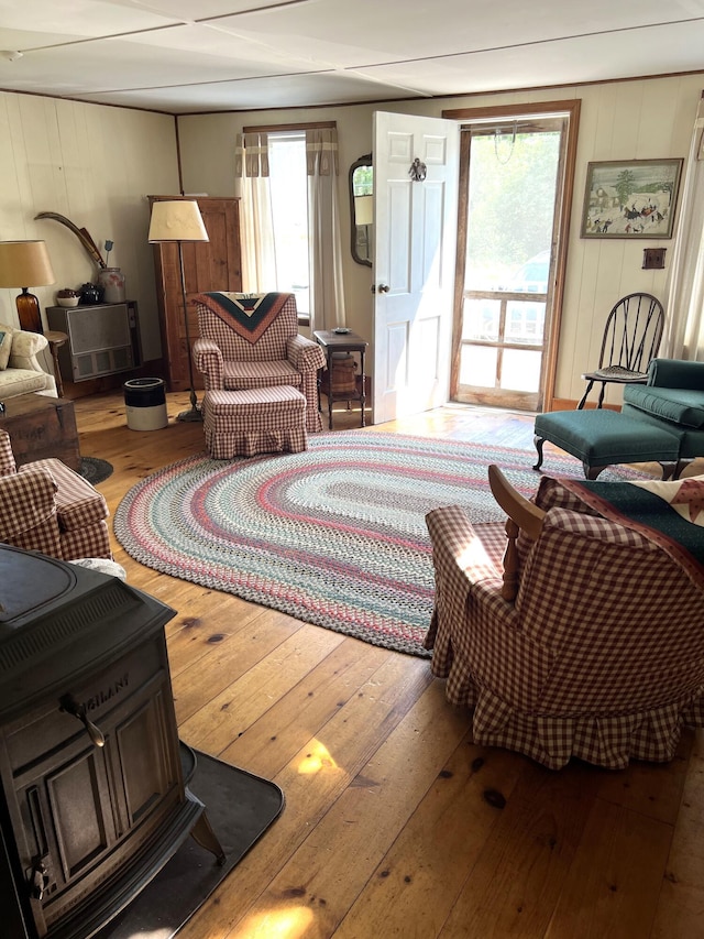 living area featuring a wood stove, a healthy amount of sunlight, and wood-type flooring