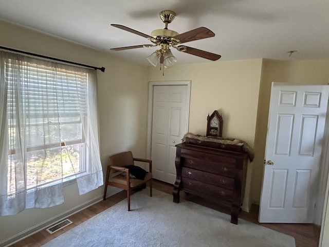 30 Steamboat Rd, Swans Island, ME 04685 - living area featuring wood finished floors, baseboards, ceiling fan, and visible vents