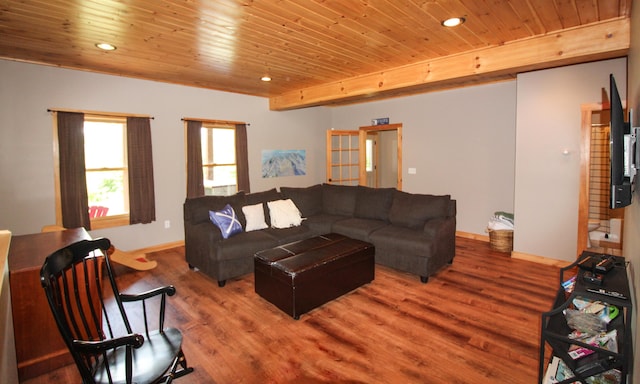 living room with wooden ceiling and wood-type flooring