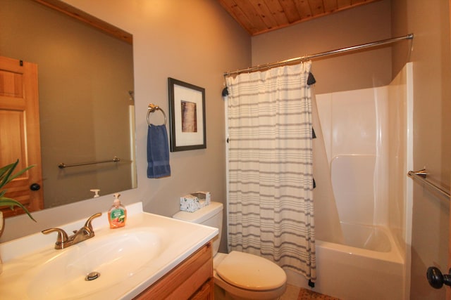 full bathroom with wooden ceiling, toilet, vanity, and shower / bath combination with curtain