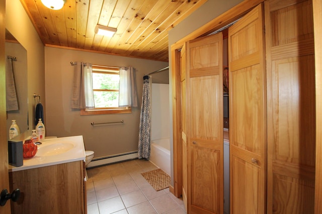 full bathroom featuring toilet, vanity, baseboard heating, shower / tub combo with curtain, and wooden ceiling