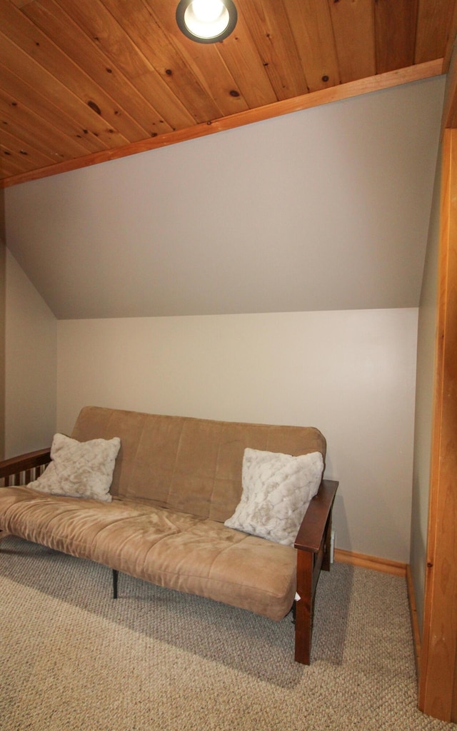 living room featuring wood ceiling, baseboards, vaulted ceiling, and carpet flooring