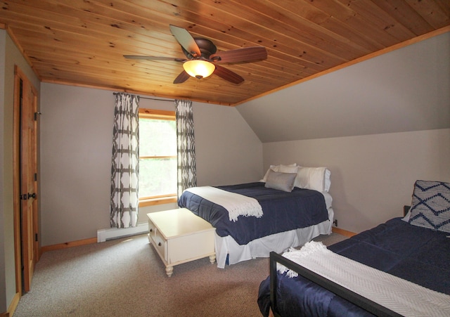 bedroom featuring a baseboard heating unit, wood ceiling, carpet flooring, and vaulted ceiling