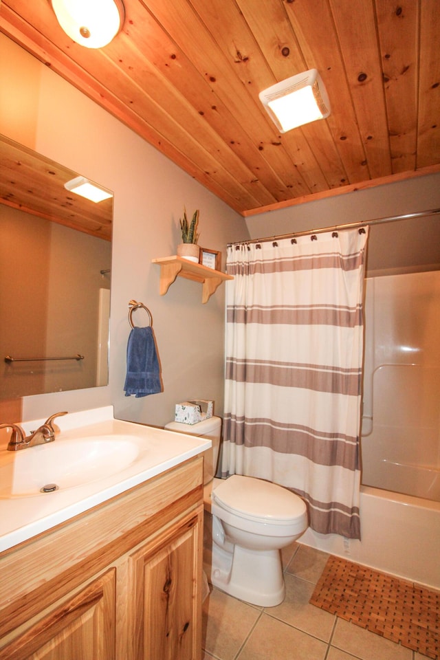 full bathroom with shower / bathtub combination with curtain, tile patterned floors, vanity, toilet, and wooden ceiling