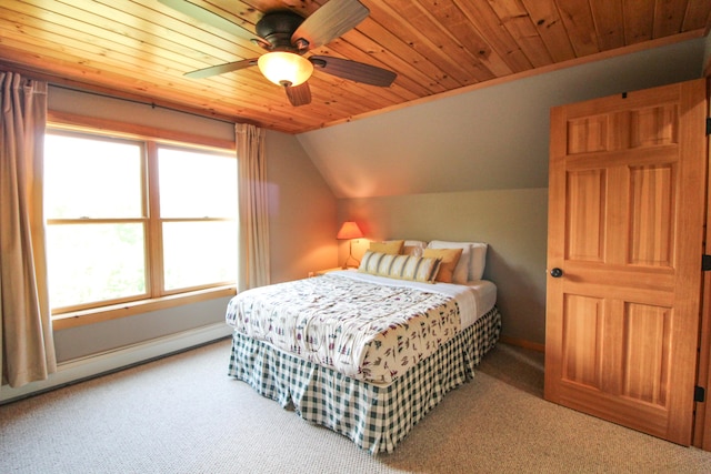 bedroom with a baseboard radiator, carpet floors, vaulted ceiling, ceiling fan, and wooden ceiling