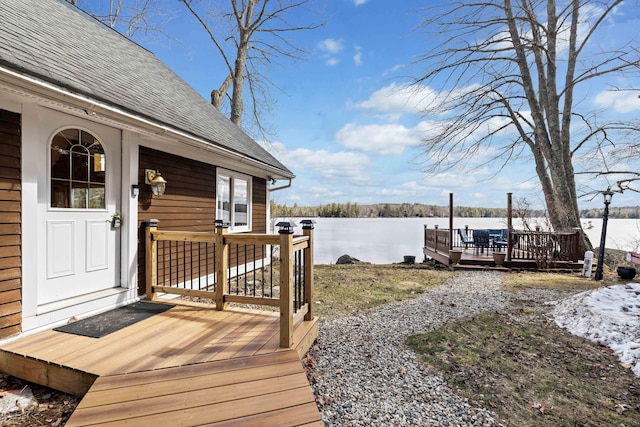 wooden deck with a water view