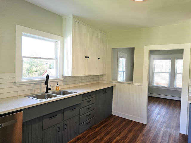 kitchen with gray cabinets, stainless steel dishwasher, a wealth of natural light, baseboard heating, and a sink