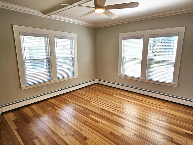 spare room with crown molding, ceiling fan, hardwood / wood-style floors, and a baseboard radiator