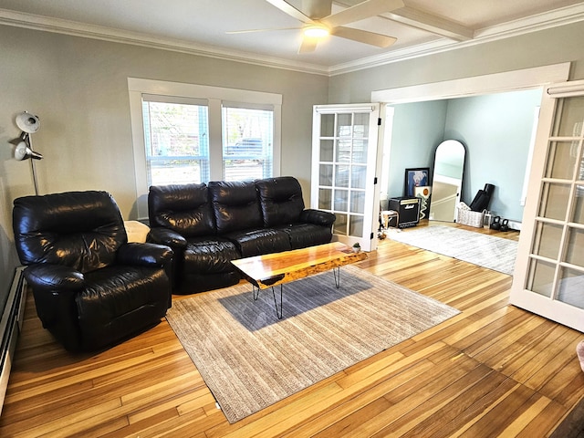 living area featuring french doors, hardwood / wood-style floors, crown molding, and a ceiling fan