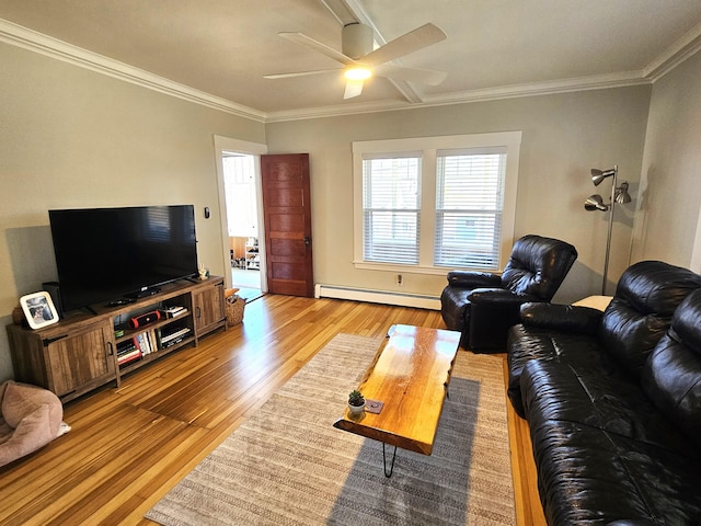 living area with a baseboard radiator, ceiling fan, light wood finished floors, and ornamental molding