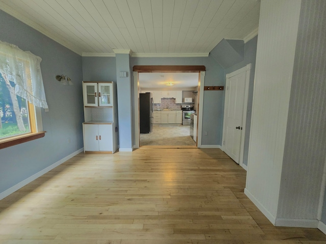 corridor with crown molding, light hardwood / wood-style flooring, and wood ceiling