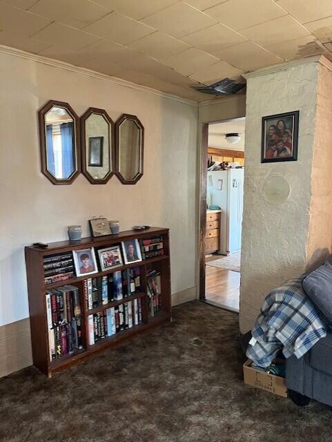 living area featuring crown molding and carpet flooring