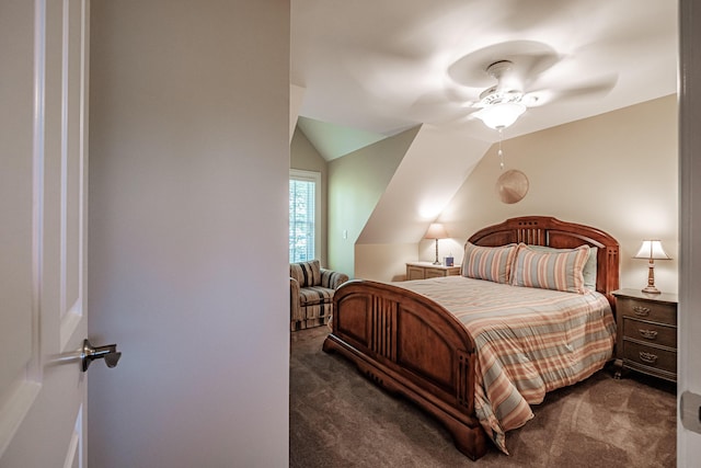 carpeted bedroom with lofted ceiling and ceiling fan