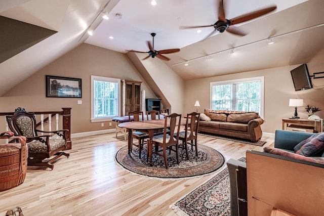 living room with lofted ceiling, plenty of natural light, light hardwood / wood-style floors, and track lighting