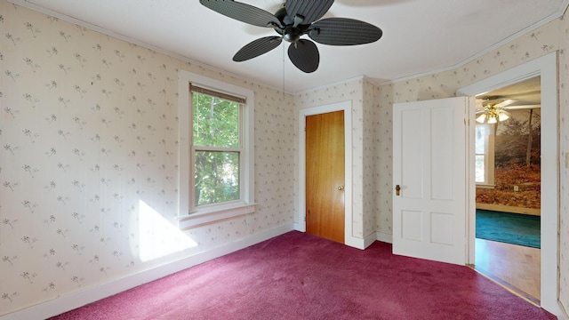 unfurnished bedroom featuring carpet, ornamental molding, and ceiling fan