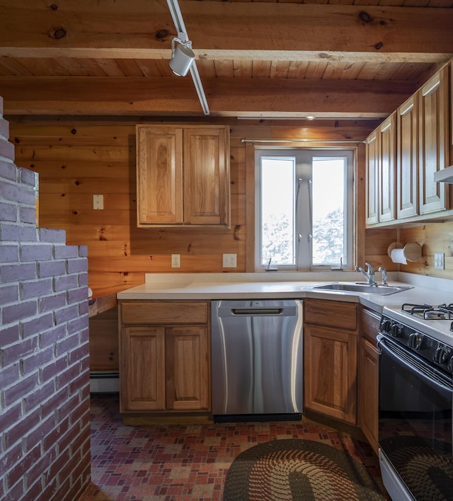 kitchen featuring a sink, light countertops, stainless steel dishwasher, beam ceiling, and gas range