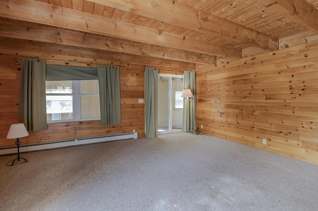 carpeted spare room with wood walls, a baseboard radiator, and a wealth of natural light