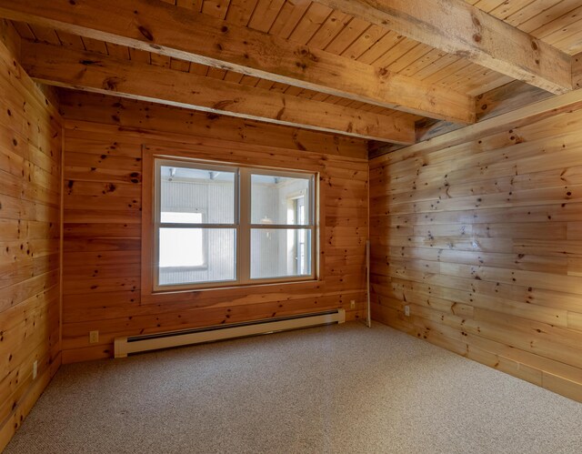 carpeted spare room with a baseboard heating unit, beam ceiling, wooden ceiling, and wooden walls