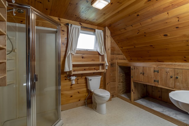 full bath featuring wood ceiling, wood walls, toilet, and a stall shower