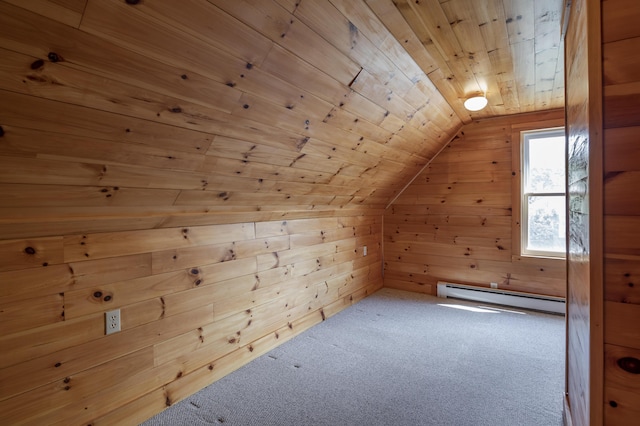 bonus room featuring lofted ceiling, carpet floors, wood walls, wood ceiling, and baseboard heating