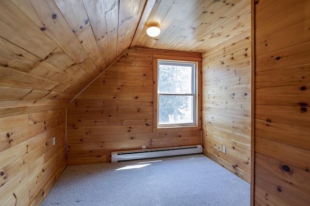 bonus room featuring wood ceiling, vaulted ceiling, carpet flooring, wood walls, and a baseboard heating unit