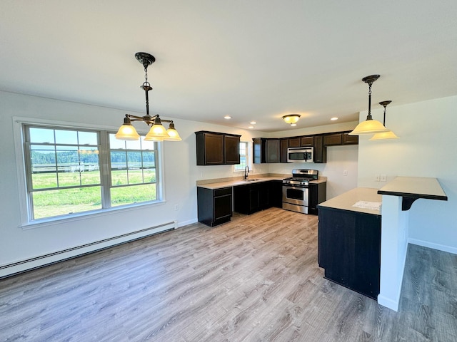 kitchen featuring a sink, stainless steel appliances, baseboard heating, and light wood finished floors