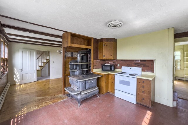 kitchen featuring beam ceiling, electric stove, and dark wood-type flooring