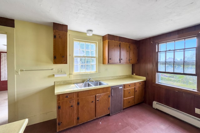 kitchen featuring sink, a healthy amount of sunlight, stainless steel dishwasher, and a baseboard heating unit