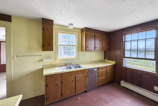 kitchen featuring plenty of natural light, baseboard heating, a sink, and dishwasher