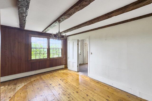 unfurnished room featuring a chandelier, wooden walls, hardwood / wood-style flooring, a baseboard radiator, and beam ceiling