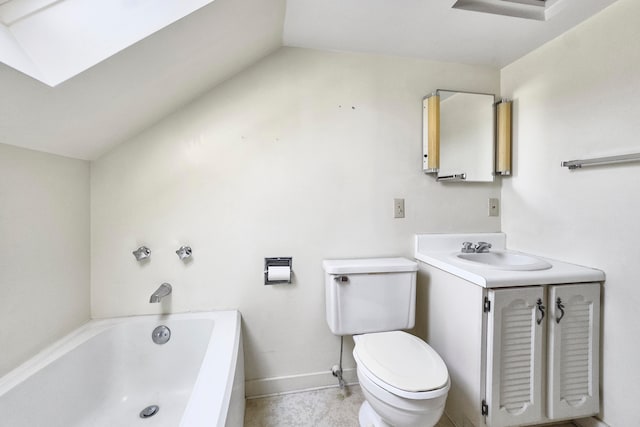 bathroom with a bath, vaulted ceiling with skylight, tile patterned floors, vanity, and toilet