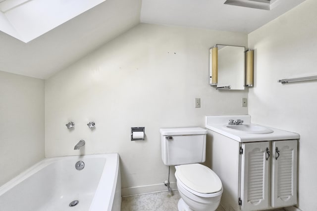 full bath with a bath, baseboards, toilet, vanity, and lofted ceiling with skylight