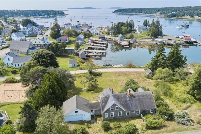 drone / aerial view with a water view