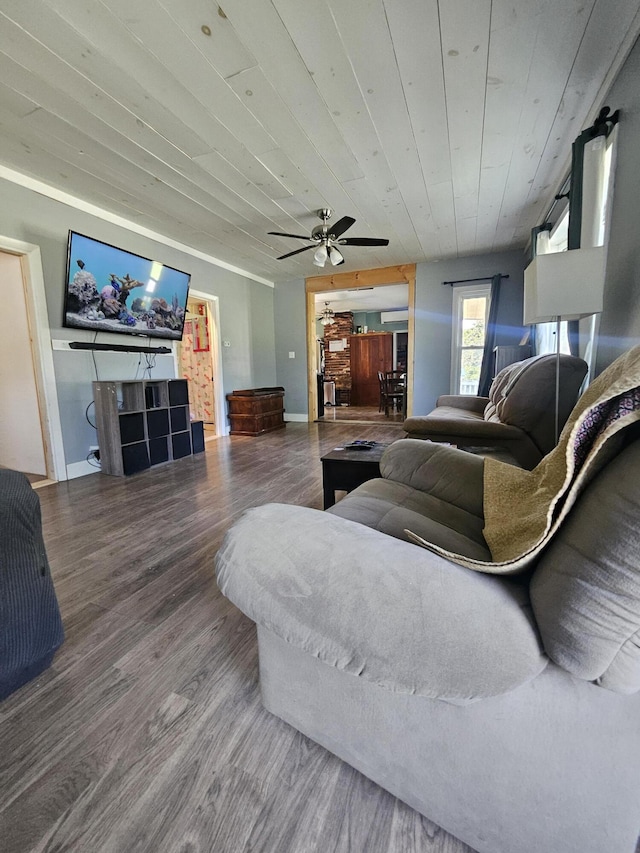 living room with wood ceiling, ceiling fan, and wood-type flooring