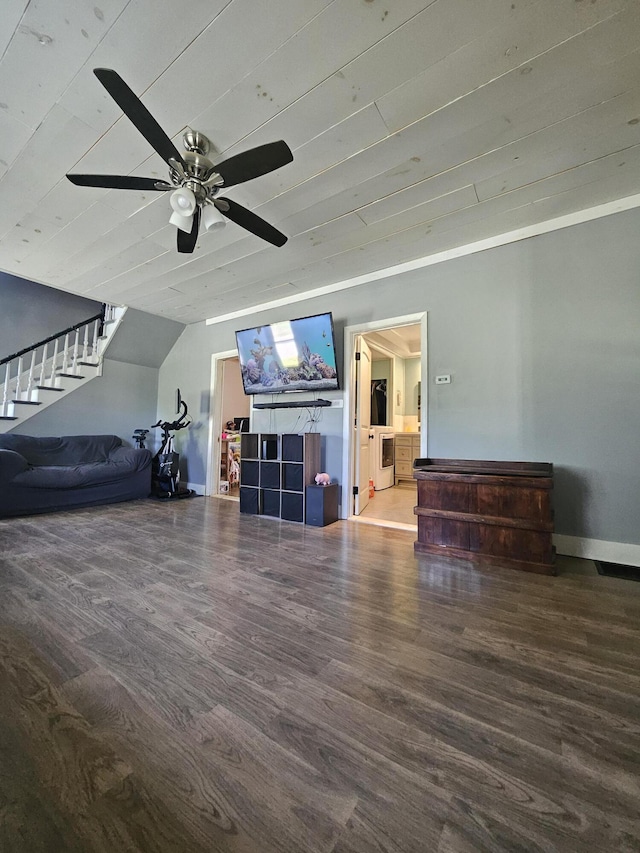 living room with ceiling fan, wooden ceiling, and dark hardwood / wood-style flooring