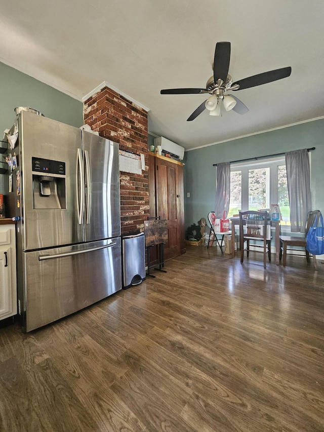 kitchen with white cabinetry, a wall mounted air conditioner, dark hardwood / wood-style flooring, and stainless steel fridge with ice dispenser