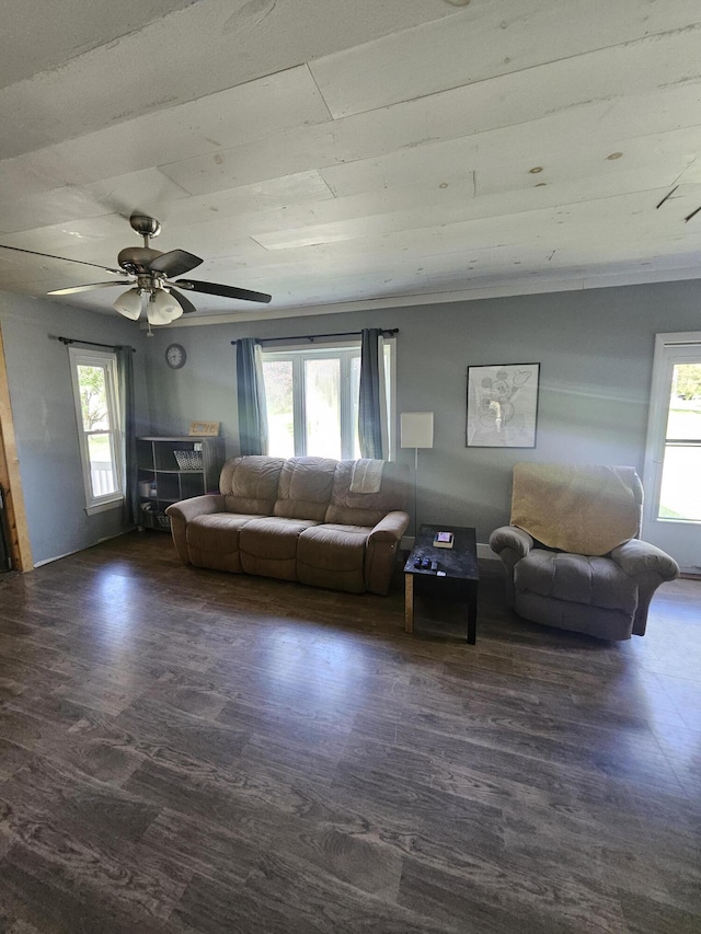 unfurnished living room featuring wood ceiling and dark wood-type flooring