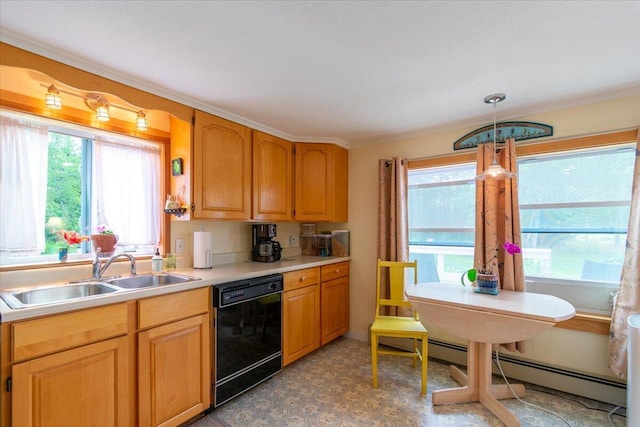 kitchen featuring sink, decorative light fixtures, black dishwasher, and a baseboard heating unit