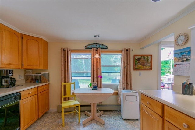 kitchen featuring hanging light fixtures, dishwasher, and ornamental molding