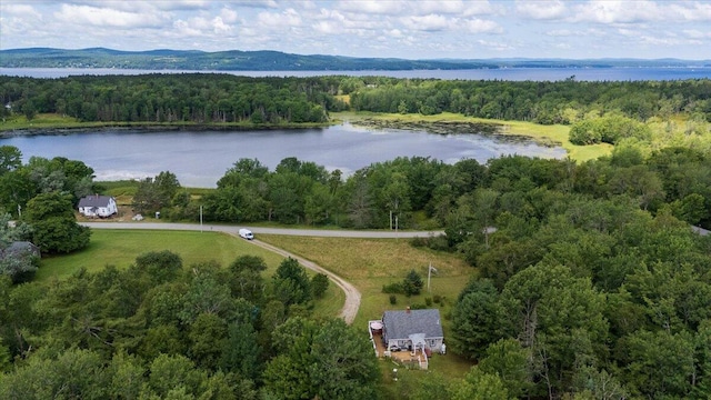 bird's eye view with a water and mountain view