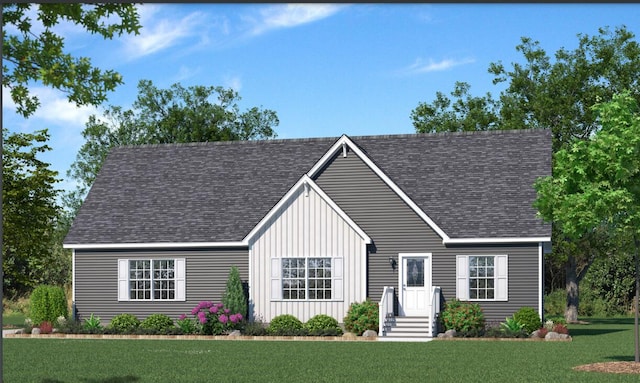 view of front of home featuring a front yard, board and batten siding, and roof with shingles