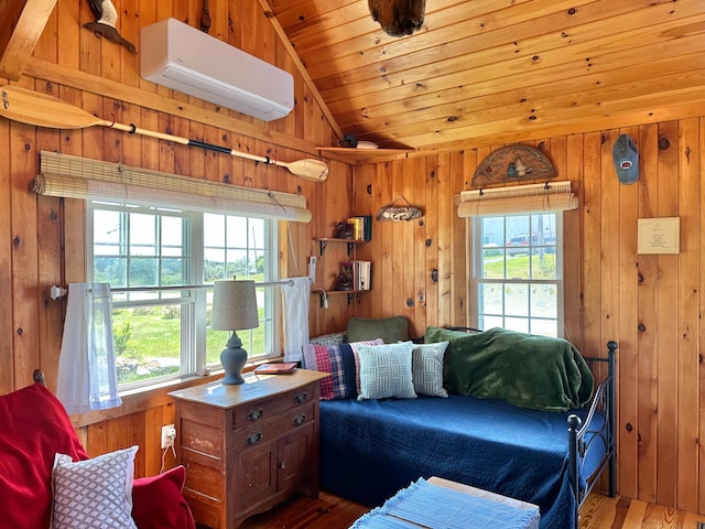 living area featuring lofted ceiling, a wall mounted AC, wooden walls, wood finished floors, and wooden ceiling