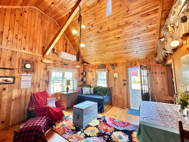 living area featuring high vaulted ceiling, wooden ceiling, wooden walls, light wood finished floors, and a wall mounted air conditioner