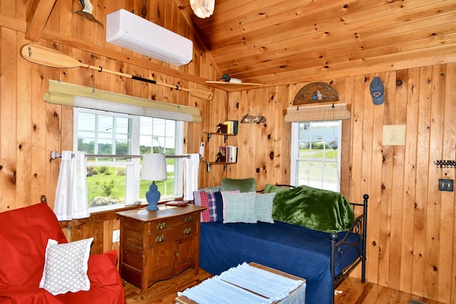 living area featuring wooden ceiling, wood walls, wood finished floors, vaulted ceiling, and an AC wall unit