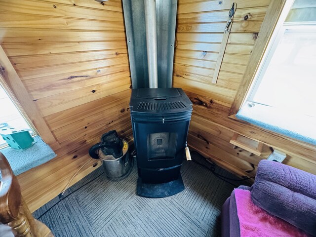 room details featuring a wood stove