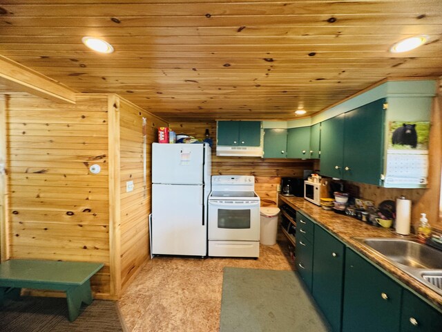 kitchen with green cabinets, wooden ceiling, light colored carpet, and white appliances