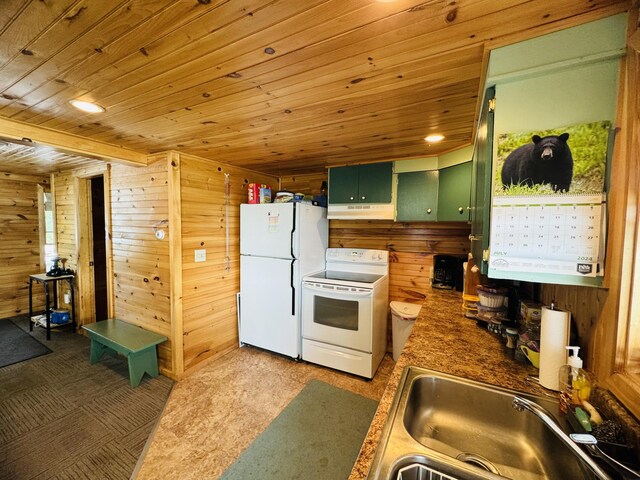 kitchen with wood walls, wooden ceiling, white appliances, and green cabinetry