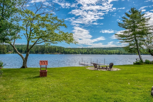 dock area with a water view, a view of trees, and a yard