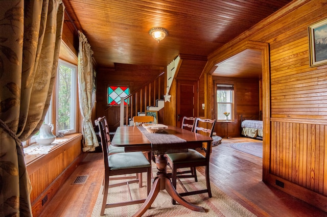 dining space featuring wood walls, wooden ceiling, and wood-type flooring