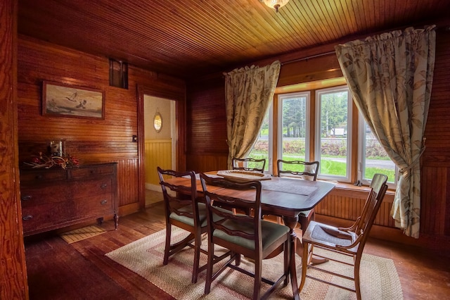 dining room with wooden ceiling, wood-type flooring, and wooden walls